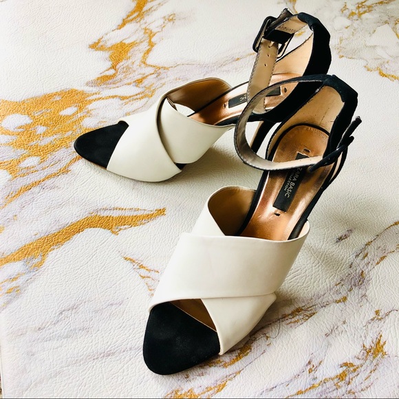 Zara Open-Toe Black and White Heels with Adjustable Strap - Picture 2 of 10